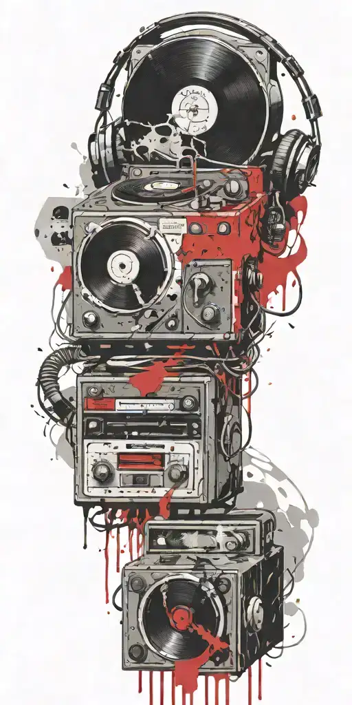 brenade broken record player, cassette tape headphones in a bomb explosion  tattoo design idea