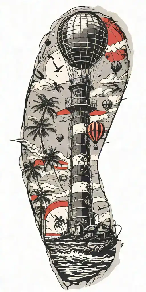 light house beach scene with palm trees and hot air balloons  tattoo design idea