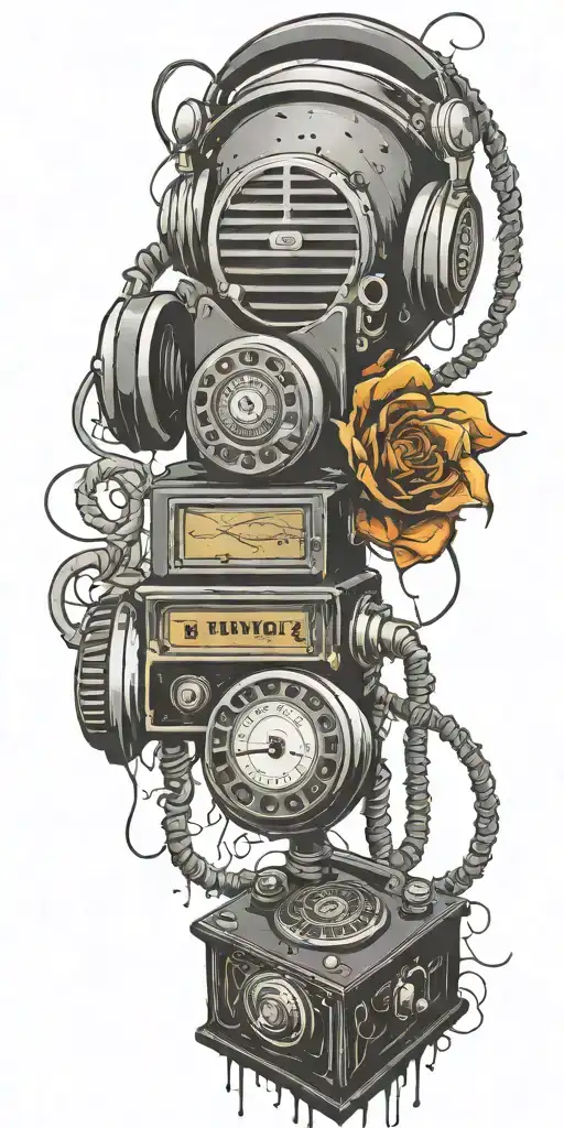 gangster studio heaphones, old school dial phone and record  player twisted in a tornado tattoo design idea