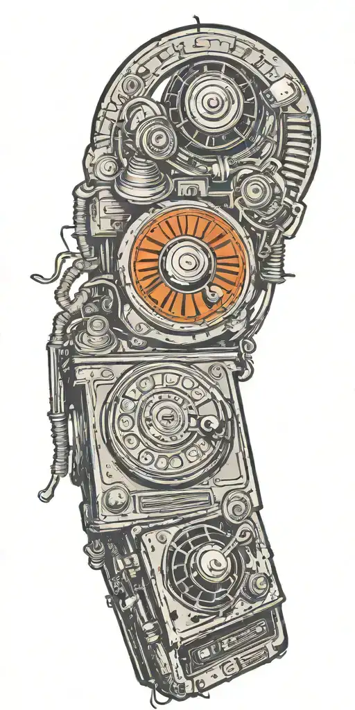 old school dial phone, music speakers, and record player tornado melting  tattoo design idea
