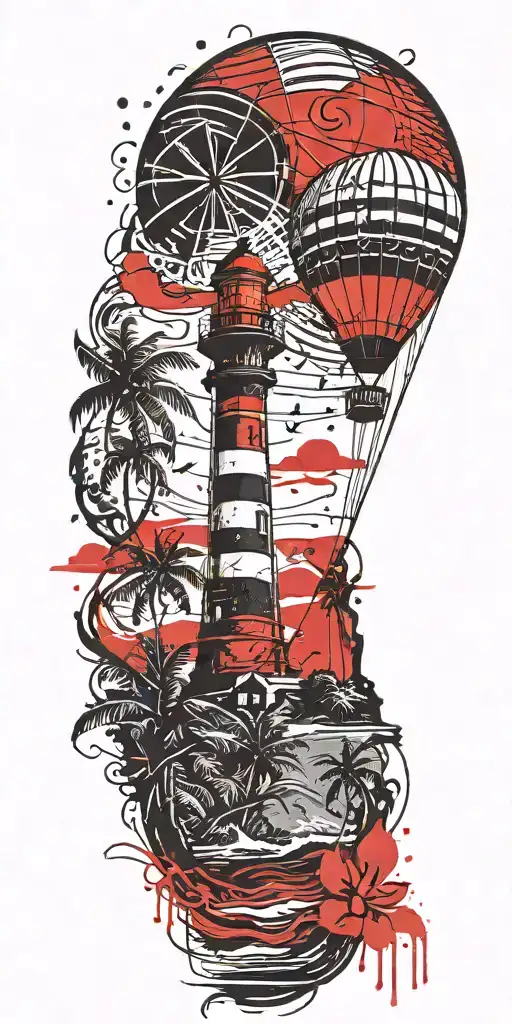 light house beach scene with palm trees and hot air balloons  tattoo design idea