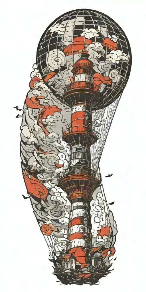 lighthouse hot air balloon being destroyed in a tornado  tattoo design idea