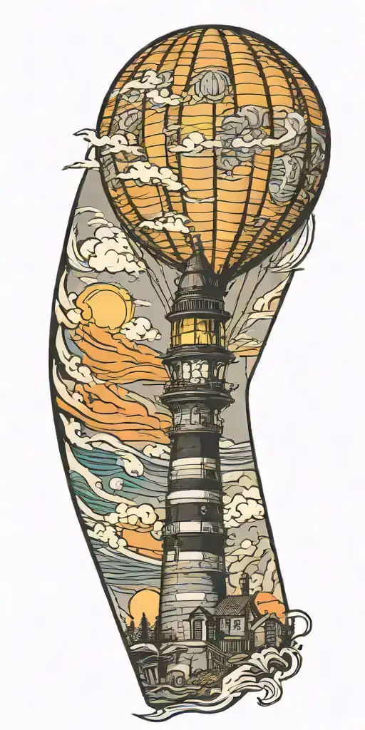 hot air balloon and a lighthouse in hurricane  tattoo design idea