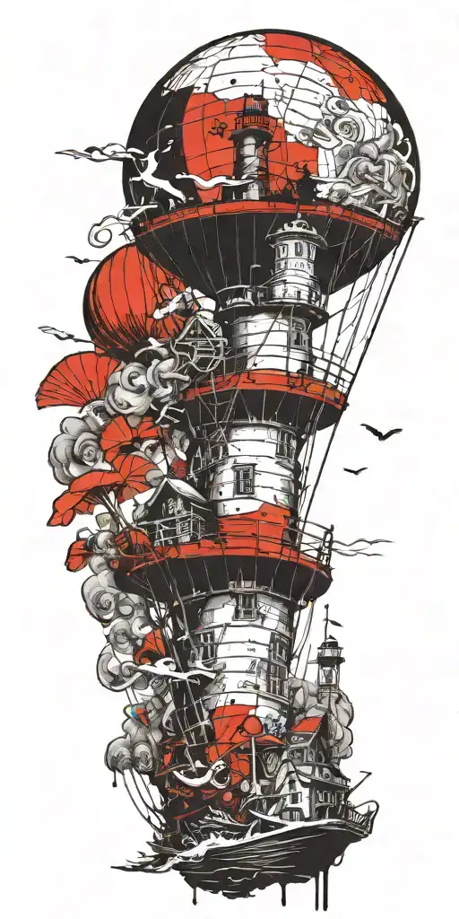 lighthouse mushroom hot air ballon's and a shipwreck  tattoo design idea
