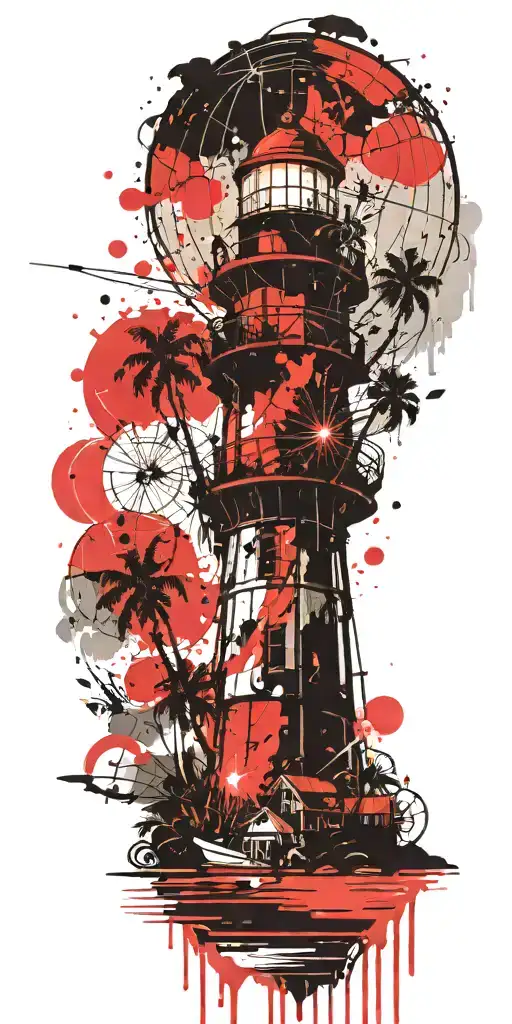 light house beach scene with palm trees and hot air balloons  tattoo design idea