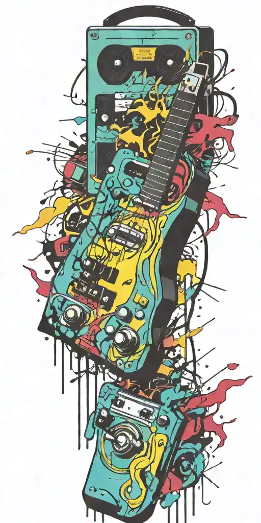cassette tape, headphones, guitar bomb exploding tattoo design idea