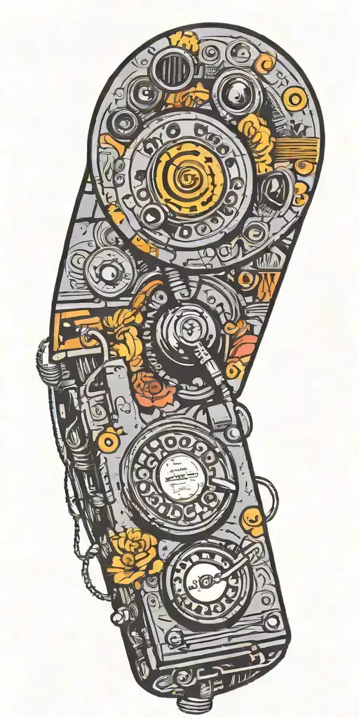 old school dial phone, microphone, record player spinning tattoo design idea