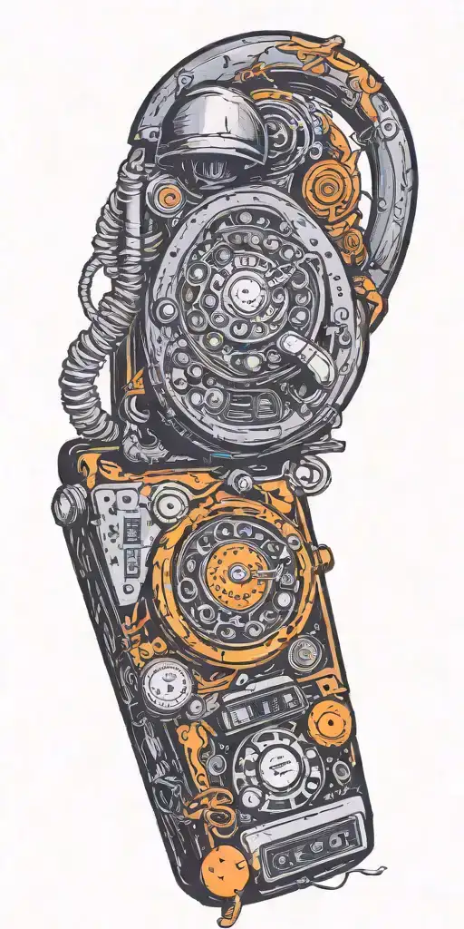 vintage old school dial phone, music speakers, and record player tornado  tattoo design idea