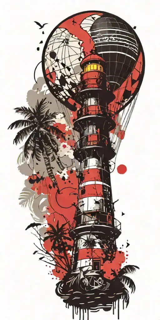 light house beach scene with palm trees and hot air balloons  tattoo design idea
