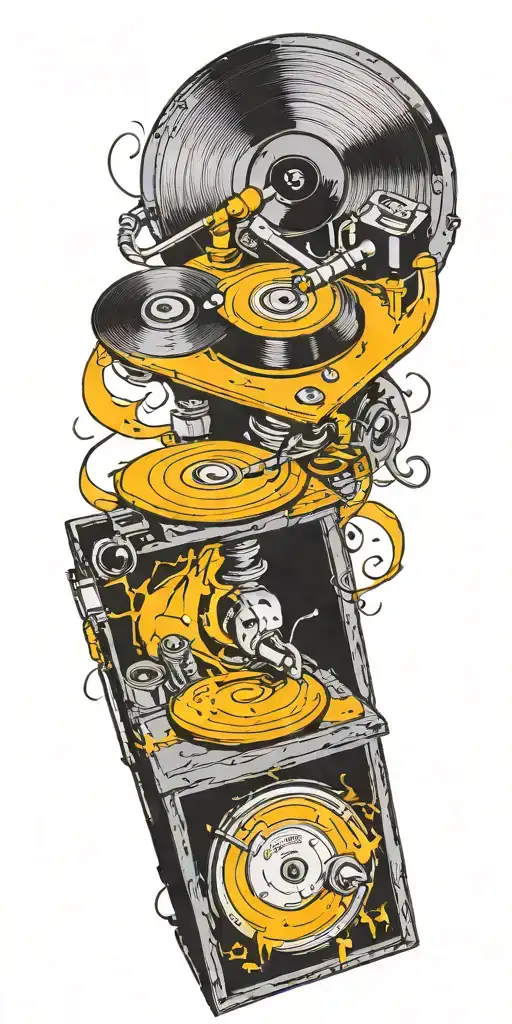 rock music record player, concert speakers, old school dial phone tornado  tattoo design idea