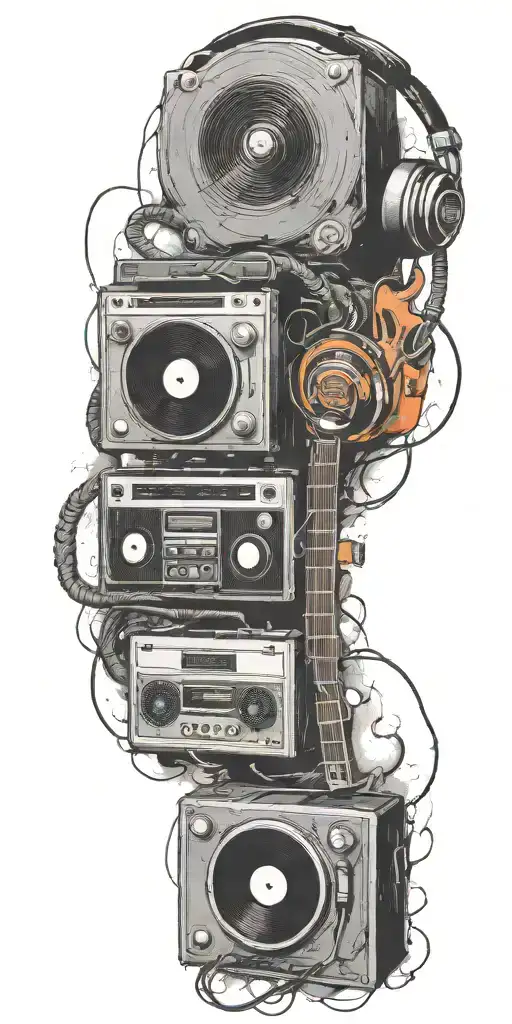 blues guitar, record player, cassette tape headphones  in a tornado tattoo design idea