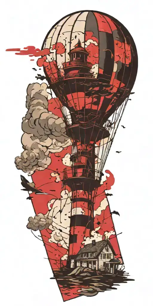 lighthouse and a hot air balloon in a tornado  tattoo design idea