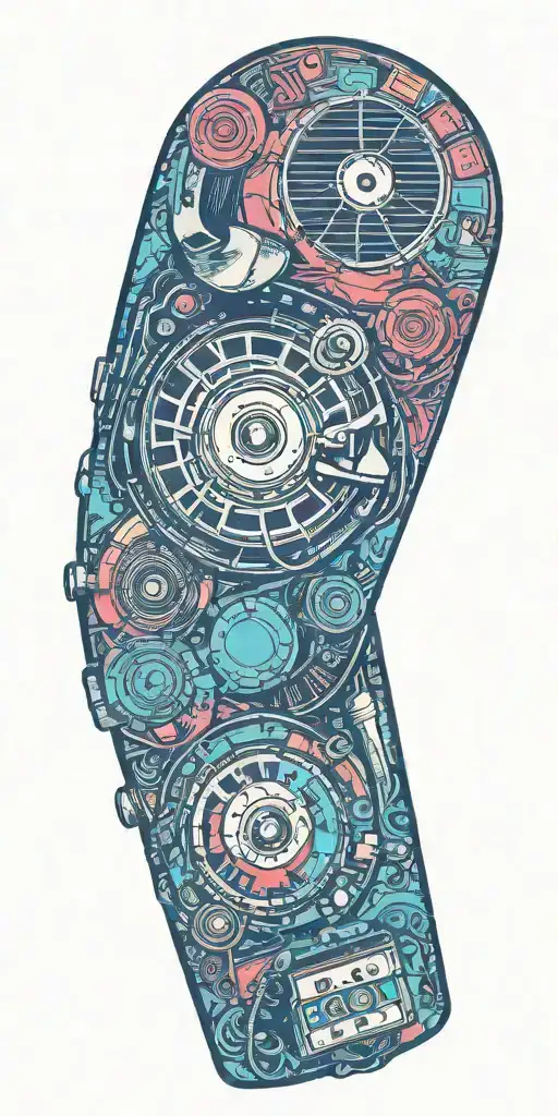 vintage old school dial phone, music speakers, and record player  tattoo design idea