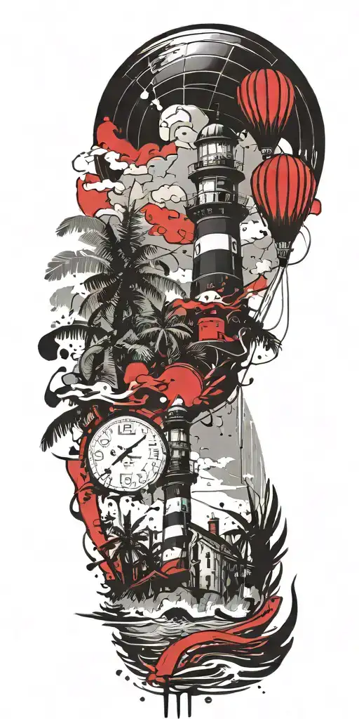 light house beach scene with palm trees and hot air balloons  tattoo design idea