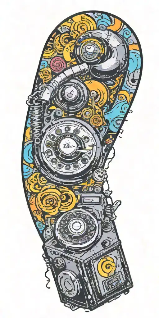 trippy old school dial phone, music speakers, and record player tornado melting  tattoo design idea