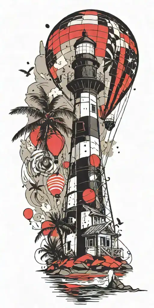 light house beach scene with palm trees and hot air balloons  tattoo design idea