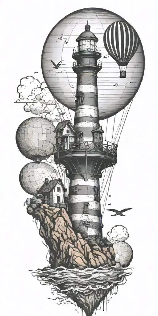 light house hot air balloon and shipwreck scene tattoo design idea