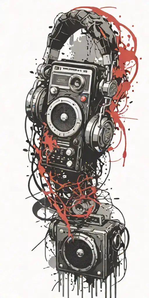 Grenade, cassette tape, headphones, guitar thunder storm  tattoo design idea