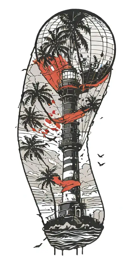 light house beach scene with palm trees and hot air balloons  tattoo design idea