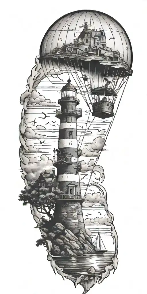 lighthouses mushroom hot air balloons and a shipwreck  tattoo design idea
