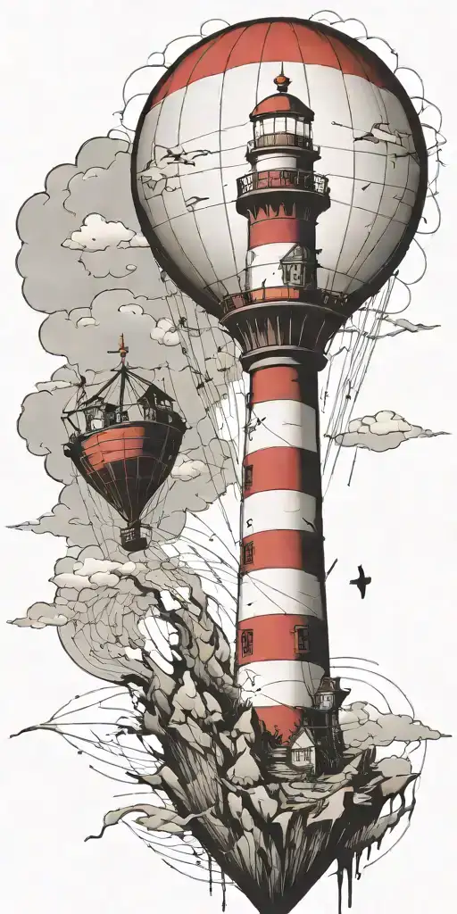 light house hot air balloon and shipwreck scene tattoo design idea