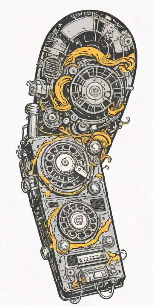 trippy old school dial phone, music speakers, and record player tornado melting  tattoo design idea