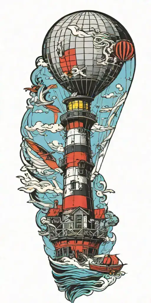 lighthouse hot air balloon and a banner plane a tornado  tattoo design idea