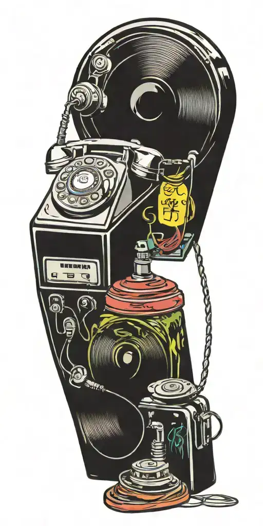 old school dial phone, record player, and vintage rock  tattoo design idea