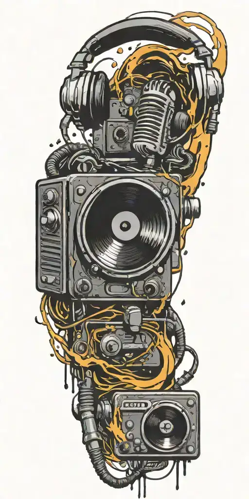 heaphones, speakers, microphone, record  player melting together  tattoo design idea