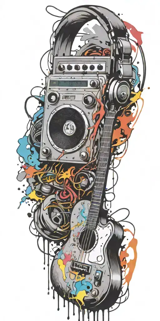trippy cassette tape, headphones, guitar bomb exploding tattoo design idea