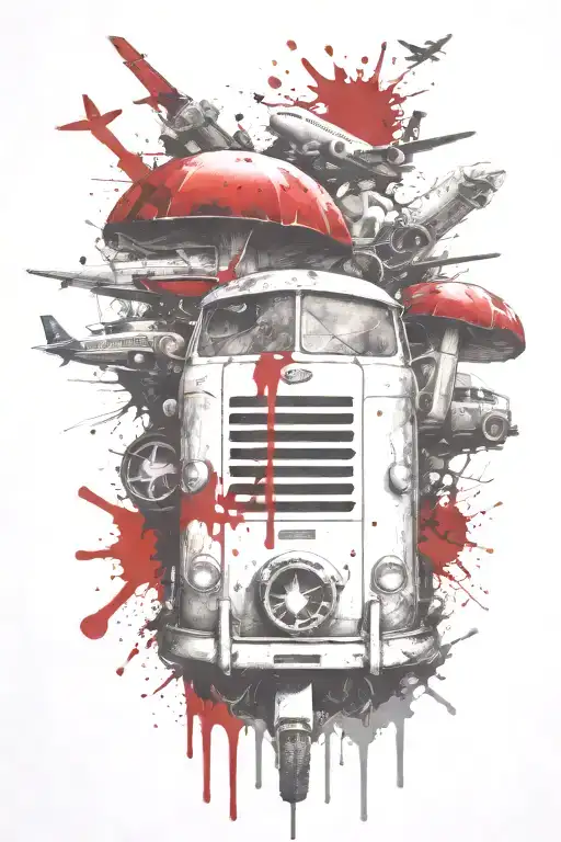 mushroom hippy bus airplane and boat tattoo design idea