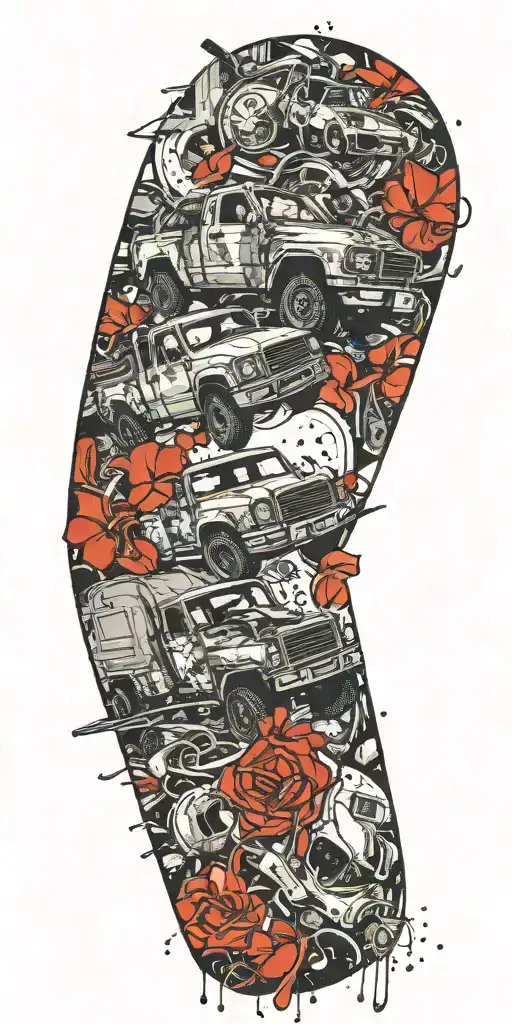 truck car wrecked by grenade on shrooms  tattoo design idea