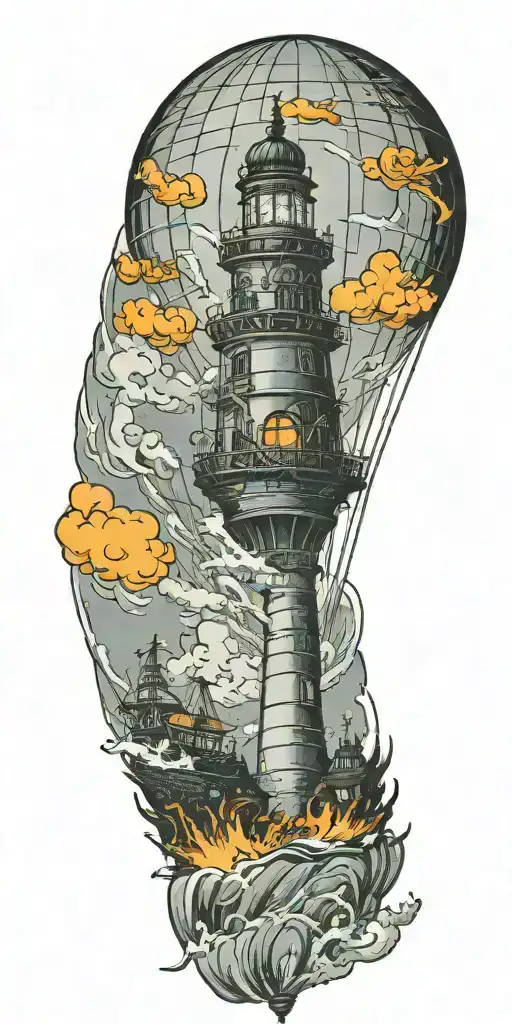 hot air balloon and a lighthouse in hurricane  tattoo design idea