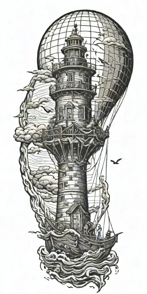 light house hot air balloon shipwreck surrounded by sea tattoo design idea