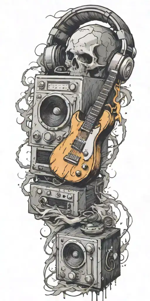 record player playing, headphones, and guitar in a tornado tattoo design idea