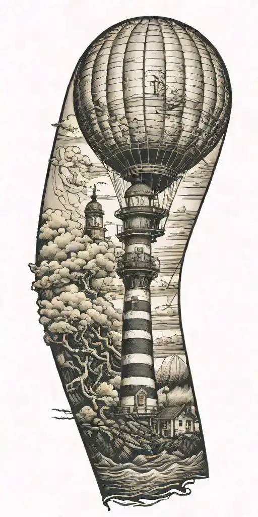 hot air balloon and a lighthouse in hurricane  tattoo design idea
