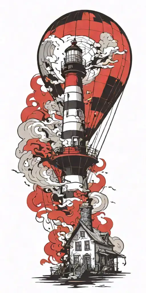 lighthouse and a hot air balloon in a tornado  tattoo design idea