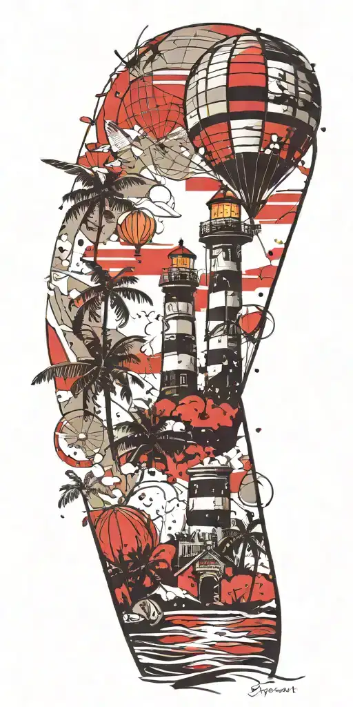 light house beach scene with palm trees and hot air balloons  tattoo design idea