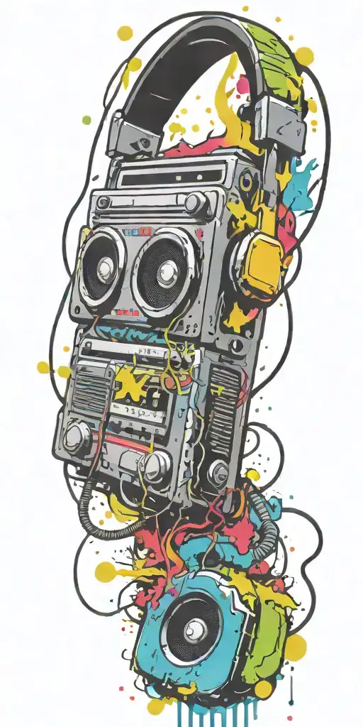 cassette tape, headphones, guitar bomb exploding tattoo design idea