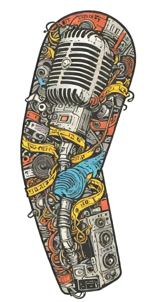 tornado of rock music heaphones, speakers, microphone, cassette tapes  tattoo design idea