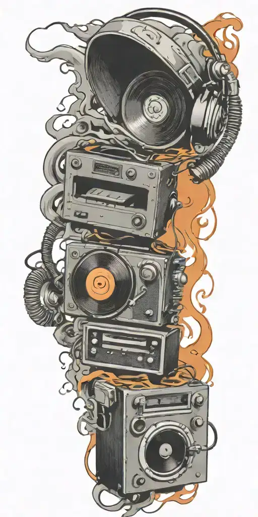 record player playing, headphones, and guitar in a tornado tattoo design idea