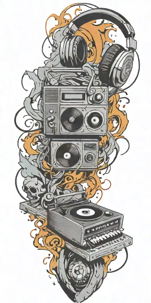 record player playing, headphones, and guitar in a tornado tattoo design idea