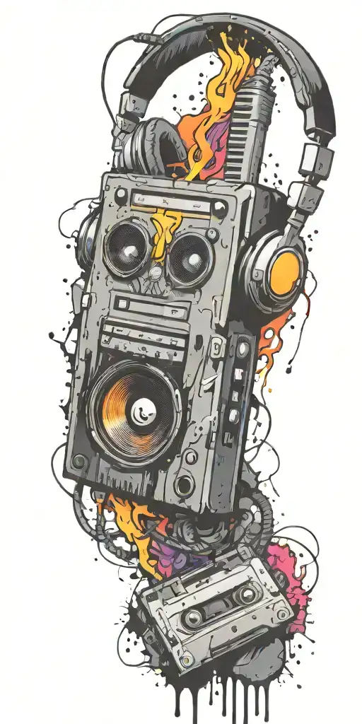cassette tape, headphones, guitar bomb exploding tattoo design idea