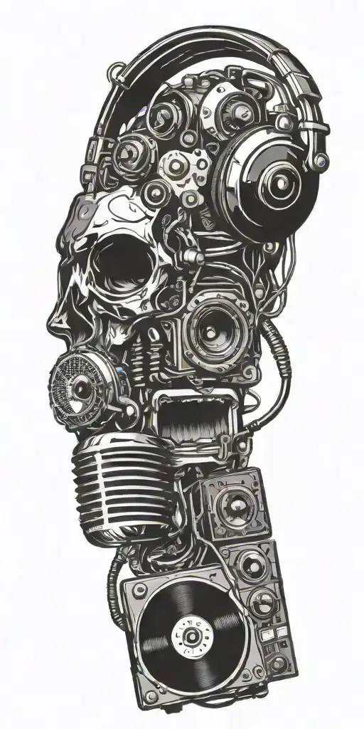 heaphones, speakers, microphone, record  player melting together  tattoo design idea