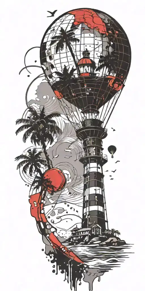light house beach scene with palm trees and hot air balloons  tattoo design idea