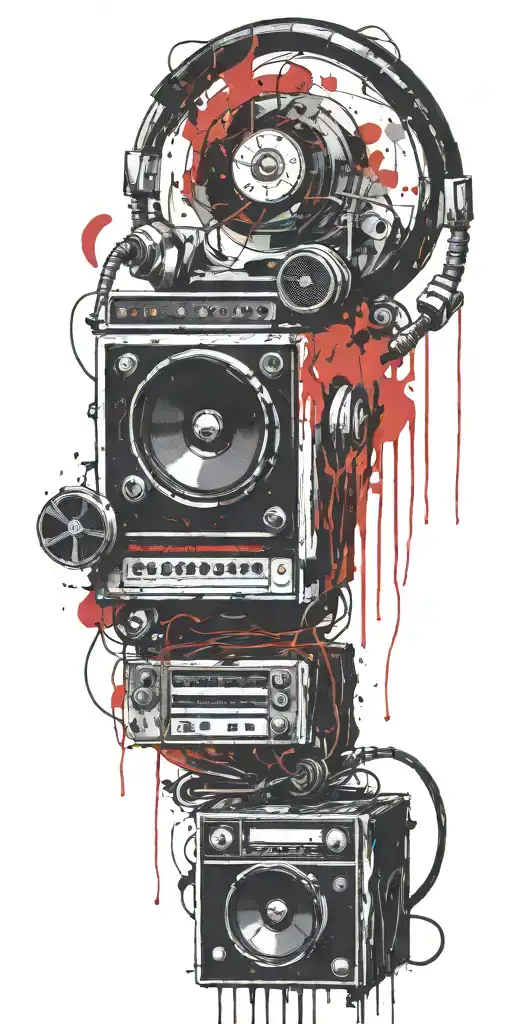 heaphones, speakers, microphone, record  player melting together  tattoo design idea