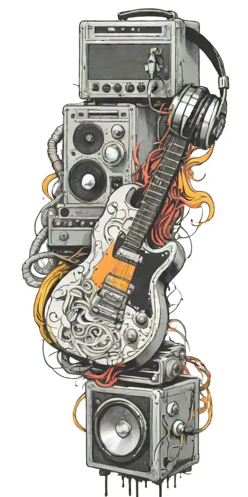 opened can of guitar, record player, cassette tape headphones twisted toget tattoo design idea