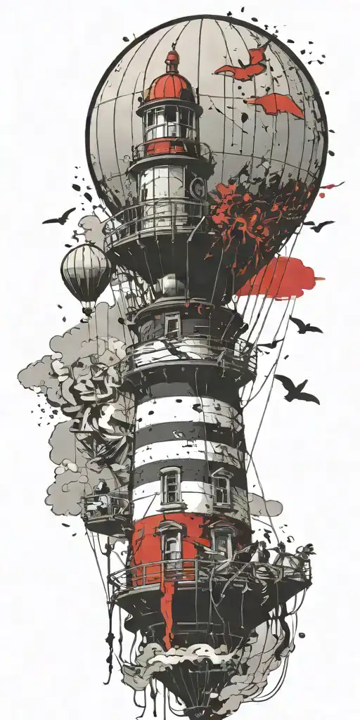 hot air balloon and lighthouse in a tornado never give up tattoo design idea
