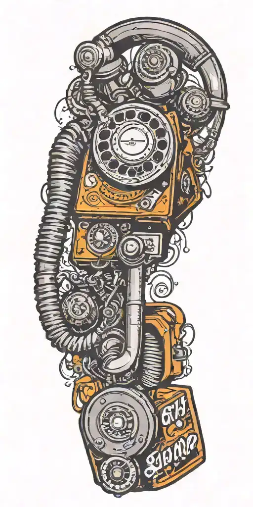 old school dial phone, microphone, record player spinning tattoo design idea