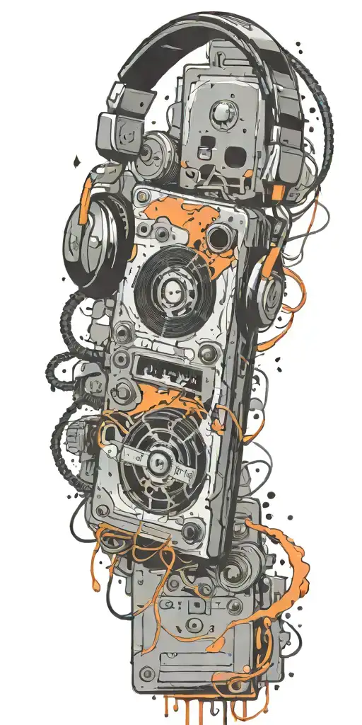 frozen audio cassette tape, headphones, guitar thunder storm  tattoo design idea